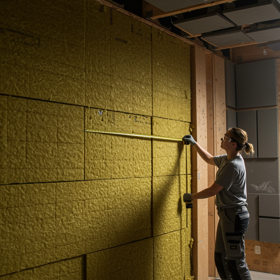 "Estudio de grabación en construcción con aislamiento acústico, donde una ingeniera mide espacios en la pared con cinta métrica."