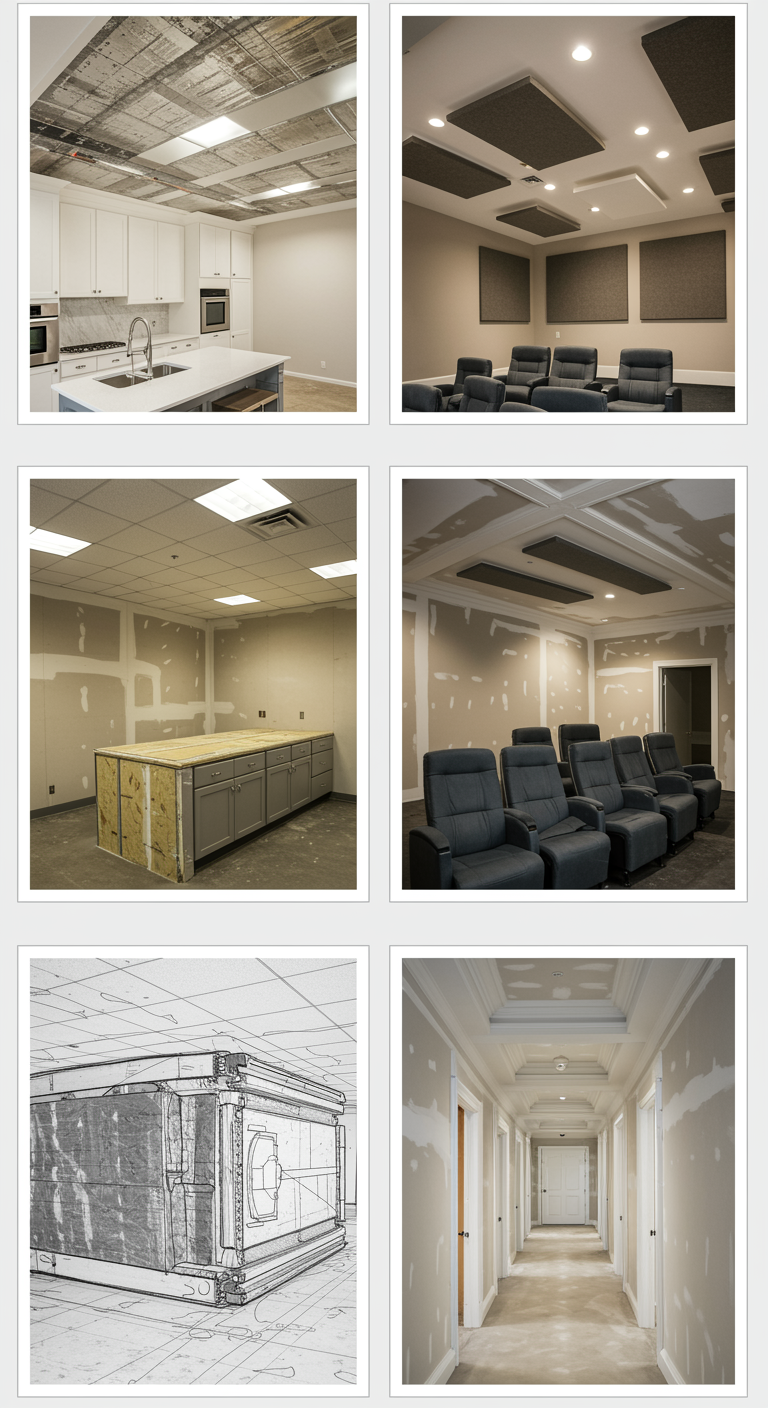 "Collage profesional de proyectos recientes de drywall e aislamiento, incluyendo una cocina moderna, sala de cine, oficina con plano de aislamiento y pasillo decorado, ideal para inspirar renovaciones."