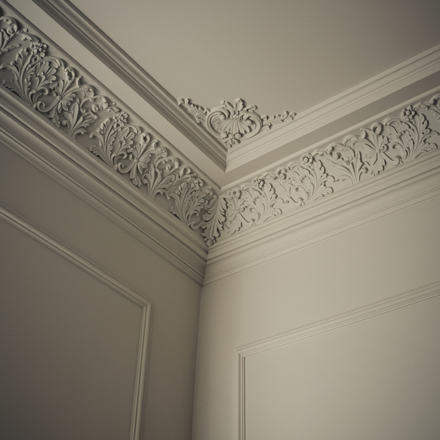 "Ceiling y pared con molduras de yeso y decoración floral en un interior elegante, resaltando la calidad y artesanía clásica."
