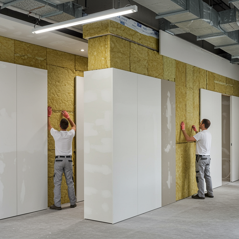 "Imagen fotorealista de un moderno oficina de planta abierta con diseño de paneles de yeso avanzado, aislamiento térmico-acústico y acabados decorativos en perlita y estuco, destacando la eficiencia energética y la reducción de ruido."