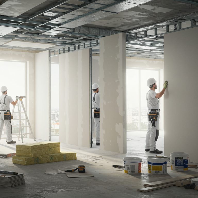 "Ilustración digital hiperrealista de un interior moderno en renovación, mostrando a trabajadores instalando pladur para mejorar el rendimiento térmico y acústico en un ambiente elegante y organizado."