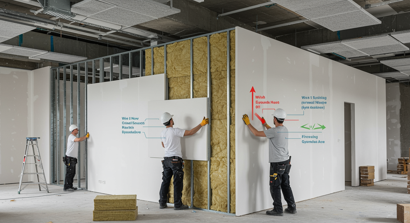 "Renderizado fotorrealista de un interior moderno en construcción, con trabajadores instalando paneles de yeso y mostrando aislamiento mineral, enfatizando eficiencia energética y reducción de ruido."