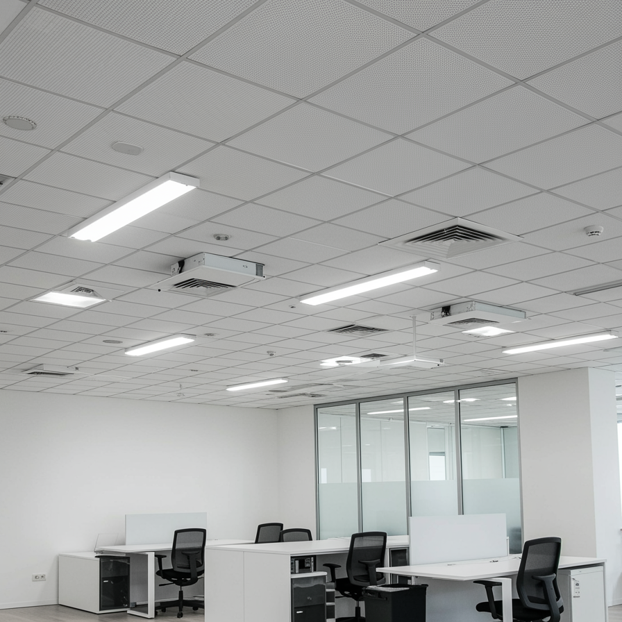 "Imagen de oficina moderna con sistemas de techos fijos y suspendidos, luces LED integradas y mobiliario contemporáneo en un entorno profesional."